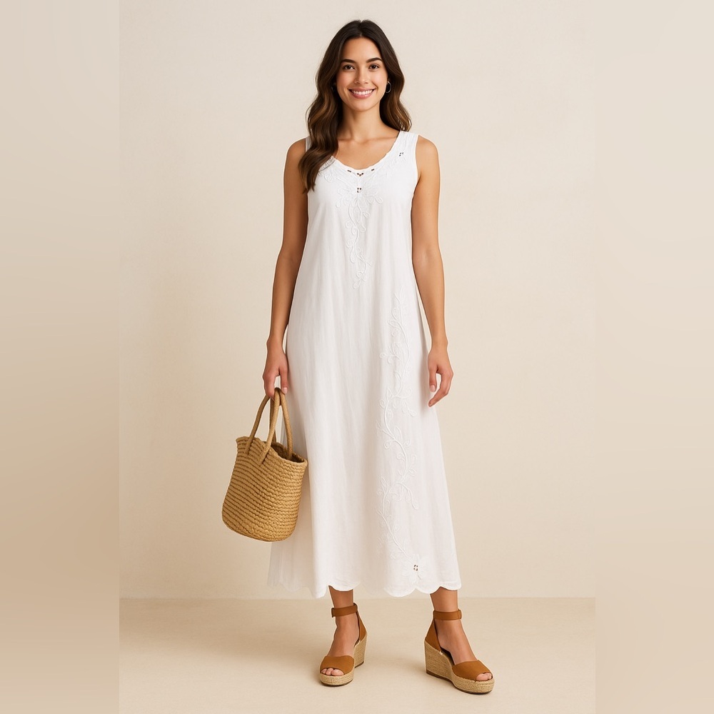 Vintage HiBis,Lace Works, Antique White Embroidered Rayon Dress,EUC, Size XL